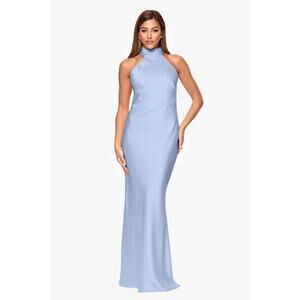XSCAPE “RUTH" SATIN HIGH TIE NECK BACKLESS FLOOR LENGTH DRESS
